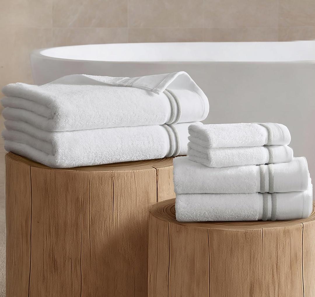 Madison Park 6 Piece Bath Towel Set 600 GSM, 100% Cotton Terry, Highly Absorbent Quick Dry Bathroom Towels with Hotel Style Border, Soft Plush Bath Hand Washcloth Set, Silver