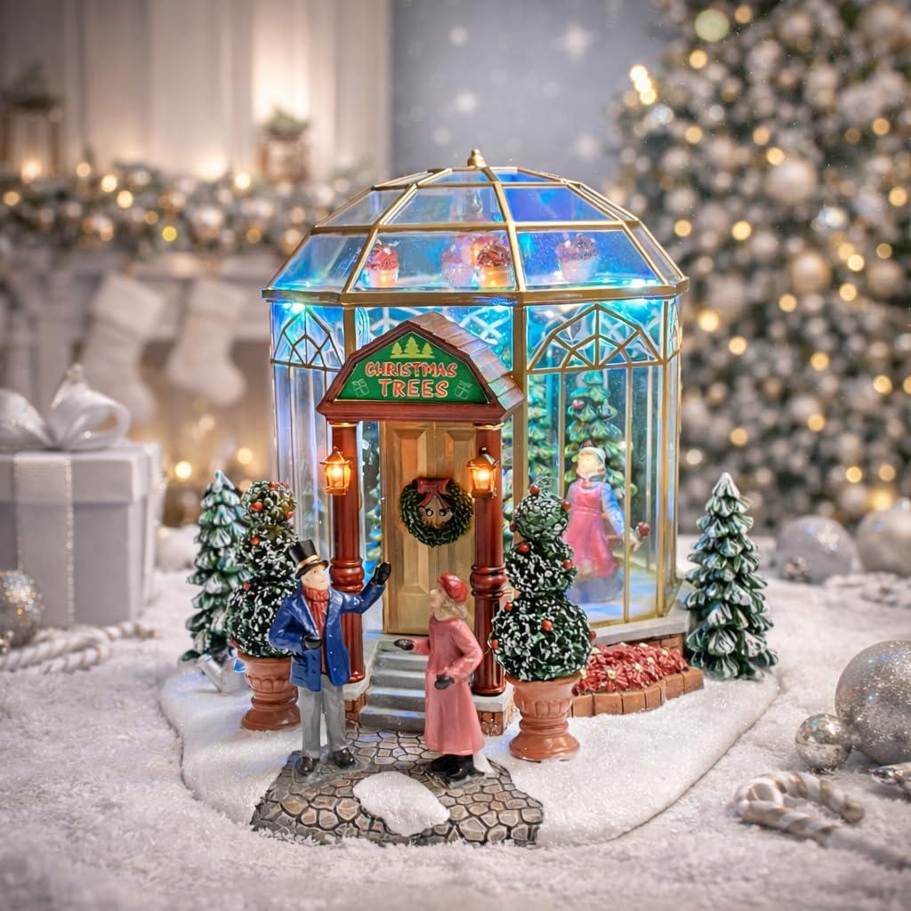Christmas Village Lighted Tree Shop by Moments in Time LED Musical Holiday Building with Battery Operation, Handcrafted Dcor for Christmas Village Display 7.5