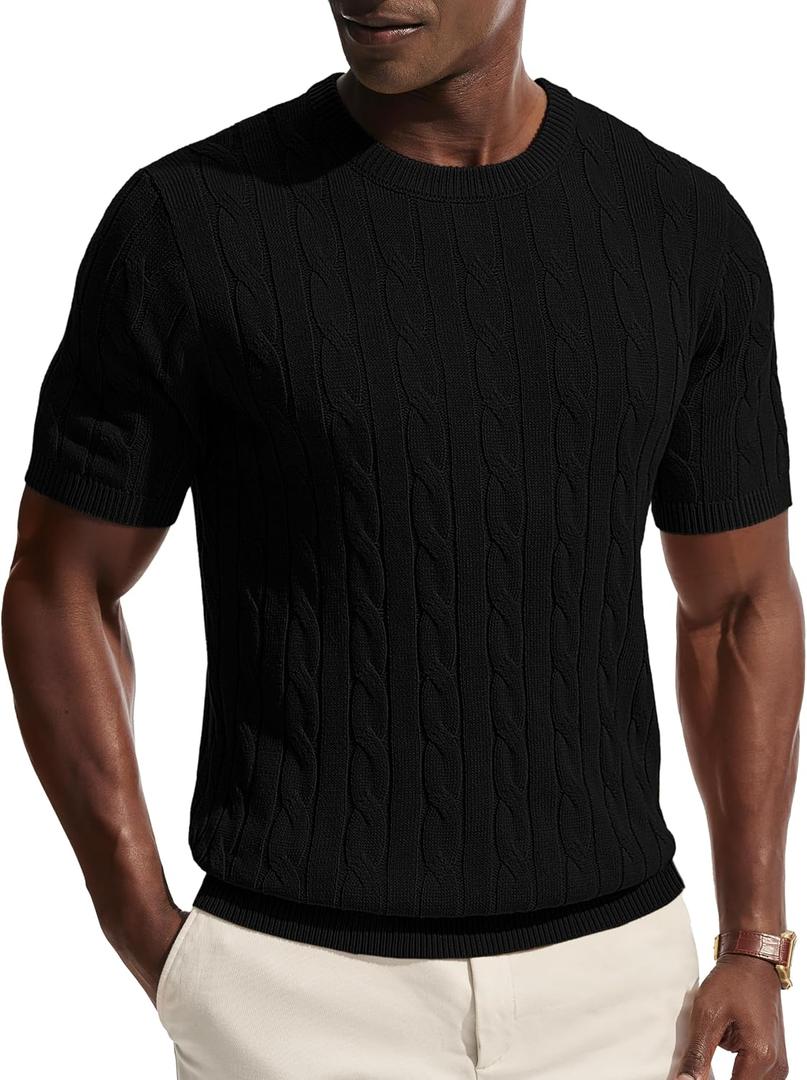 PJ PAUL JONES Men's T-Shirts Cable Knit Short Sleeve Tshirt Casual Textured Shirt Crewneck Tee Shirts (Black, XXL)