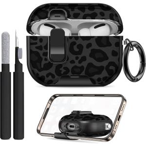 Compatible Airpods Pro 3 Case (2025) with Phone Stand & Cleaner Kit,Cute Soft Silicone Lock Clip Apple AirPods Pro 3rd Generation Case, Airpod Pro 3 Cover with Keychain for Women/Girls,Leopard Print