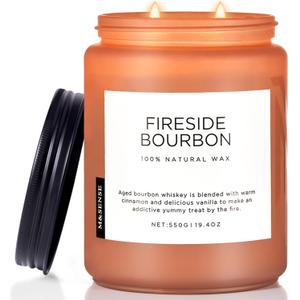 M&SENSE Fireside Bourbon Candles Strong Scented, Wick Jar Candle 19.4oz 110 Hour Long Lasting, Organic Natural Soy Wax Candle for Bedroom Kitchen Home Decor, Warm Housewarming Gifts for Men Women