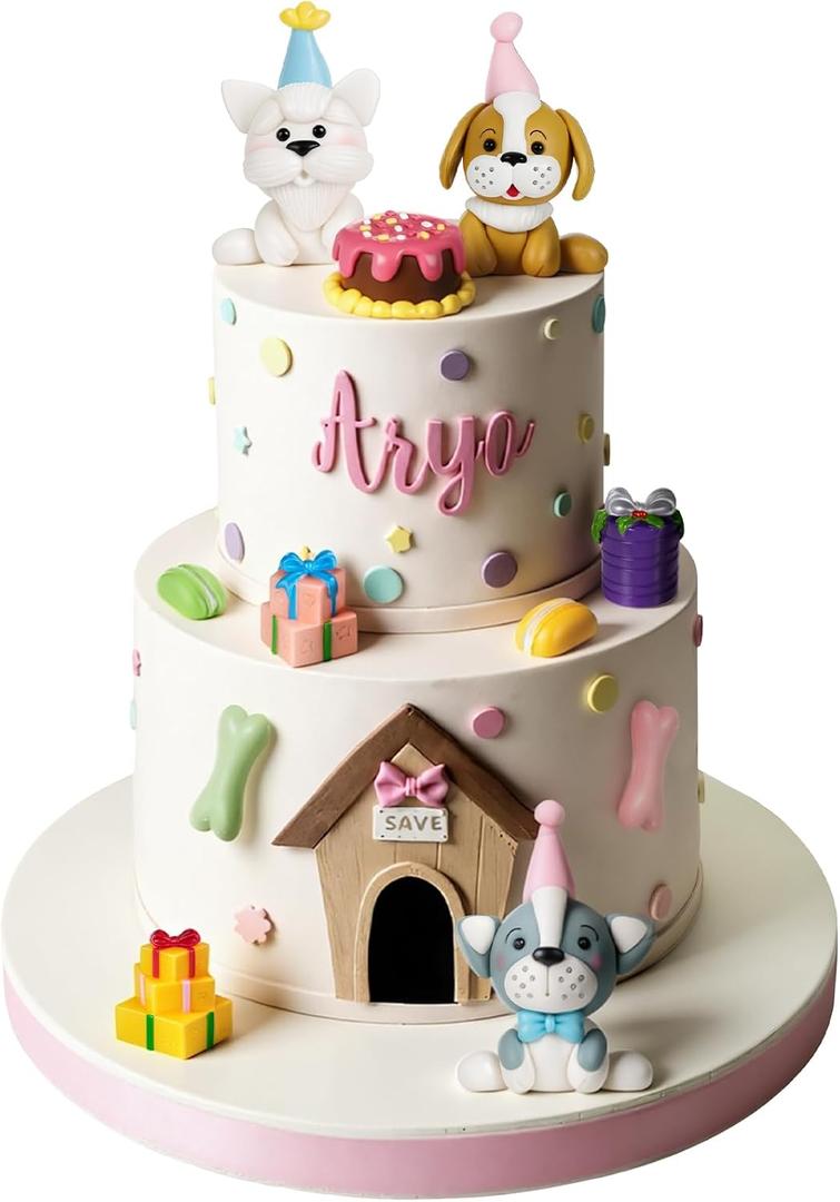 20pcs Dog Cake Decorations Kits Cake Topper Including Clay Puppy Dog Figurines Cakes and Resin Gift Box Bones and Macarons for Cute Pet Theme Birthday Party Supplies