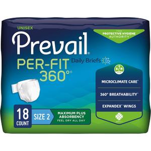 Prevail Per-Fit 360 Daily Incontinence Briefs - Unisex Adult Incontinence Briefs with Tabs - Disposable Adult Diaper for Men& Women - Maximum Plus Absorbency - Size 2, 18 Count Bag