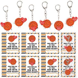 24 Sets Sport Valentines Gifts Bulk Basketball Soccer Baseball Volleyball Football Valentines Exchange Cards and Keychains (Basketball)