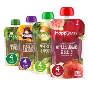 Happy Baby Organics Stage 2 Baby Food Pouches, Gluten Free, Vegan & Healthy Snack, Clearly Crafted Fruit & Veggie Puree, Fruit & Veggie Variety Pack, 4 Ounces (Pack of 16),
