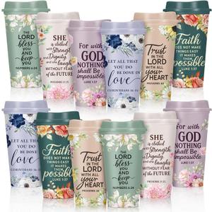Skylety 12 Pack Christian Gifts for Women Mother's Day Scripture Coffee Cups with Lids 16 oz Bible Verse Tumbler PP Travel Coffee Mug for Mom Teachers Pastor Wife Church Party Favor(Delicate)
