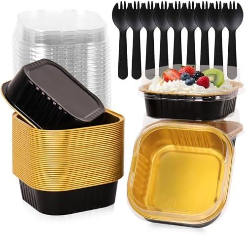 FORBFAN 8 oz Black Gold Mini Cake Pans with Lids 150 Pack, Disposable Aluminum Square Baking Cups, Oven-Safe Ramekins for Party Desserts, Catering & Small Business