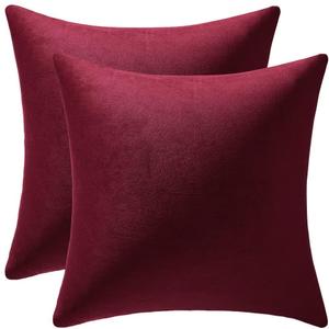 DEZENE Throw Pillow Covers 18x18 Burgundy: 2 Pack Cozy Soft Velvet Square Decorative Pillow Cases for Farmhouse Home Decor