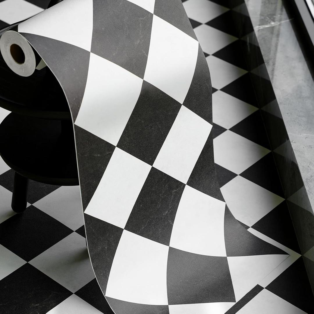 auxua Peel and Stick Black & White Diamond Vinyl Floor Roll – 15.7“ x 78.7" Classic Checkerboard Vinyl Sheet Flooring with Pre-Aligned Pattern, Easy to Cut for Effortless DIY Bathroom Kitchen