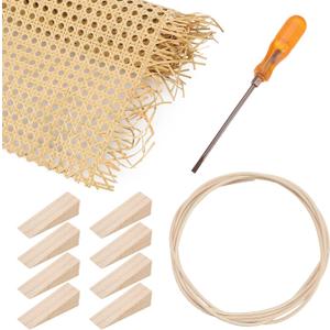 Leriton Rattan Repair Kits with 1 PC 14 Inch x 3.3 Feet Cane Webbing Roll, 1 PC 3/16 Inch Cane Webbing Spline & Caning Chisel, 8 Wooden Wedges for Chair, Cabinet, Home Caning Furniture Repair