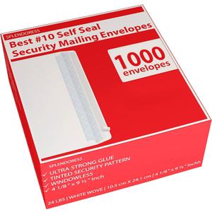 #10 Envelopes Letter Size Self Seal | 1,000 Business Mailing Security Peel and Sealing Envelope | 100% Tinted | no 10 White Windowless Legal Regular Plain Envelops Pack | 4-1/8 x 9-1/2 Inches | 24 LB, 1,000 Count