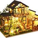OZJAY DIY Miniature House Kit, Tiny House Kit with LED, DIY Wooden Dollhouse Miniature Kit for Adults Teen, Wooden Crafts Lovely Dollhouse Kit, Bamboo Stream Garden