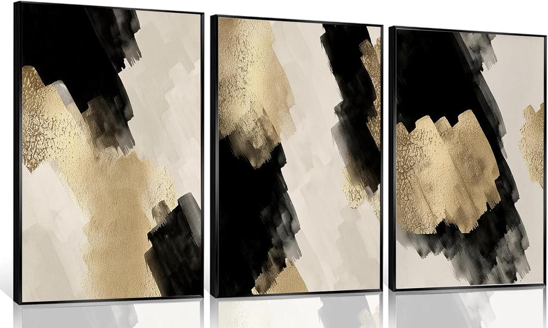 3Pcs Black and Gold Abstract Wall Art Modern Minimalist Posters Prints Neutral Abstract Pictures Painting Wall Decor for Living Room Bedroom Office Decoration Unframed, 12x16Posters