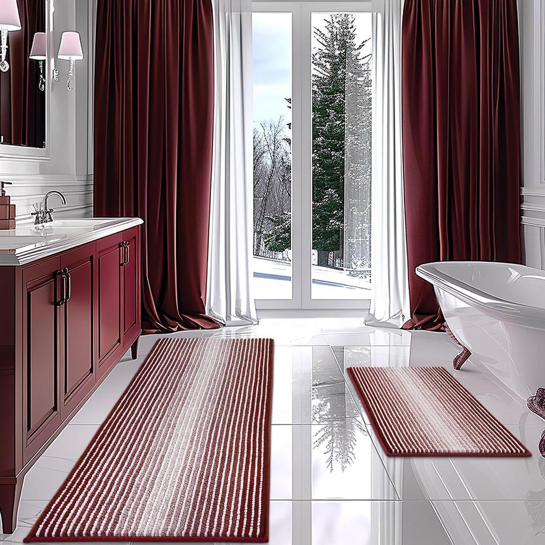 Bathroom Rugs and Mats Sets, 2 Piece Thick Absorbent Chenille Bath Mat Rug Set Non Slip, Soft Shaggy Bath Room Floor Mats for Bathroom, Machine Washable (Burgundy Red, 20" x 60" Plus 20" x 32")