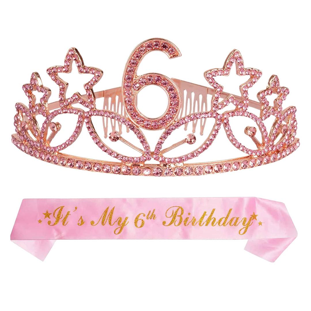 6th Birthday Sash and Tiara for her- Fabulous Glitter Sash + Stars Rhinestone Pink Premium Metal Tiara for her, 6th Birthday Gifts for Princess Party for Girls