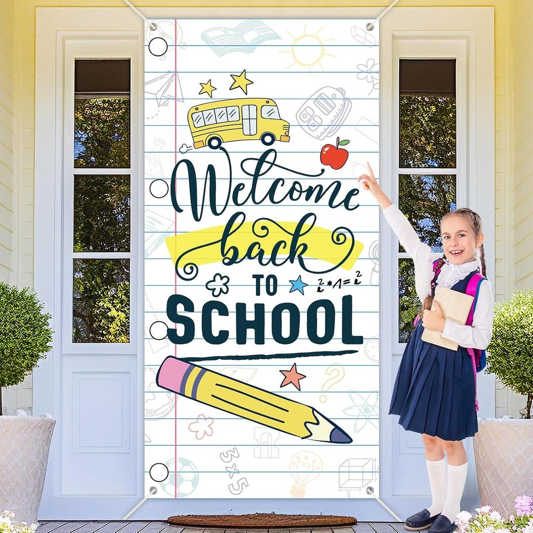 Back to School Door Cover 72.8 x 35.4In Welcome Back to School Porch Banner First Day of School Photo Backdrop Homework Pencil Prints Classroom Decoration for School Bus Party Supplies Nursery Teacher