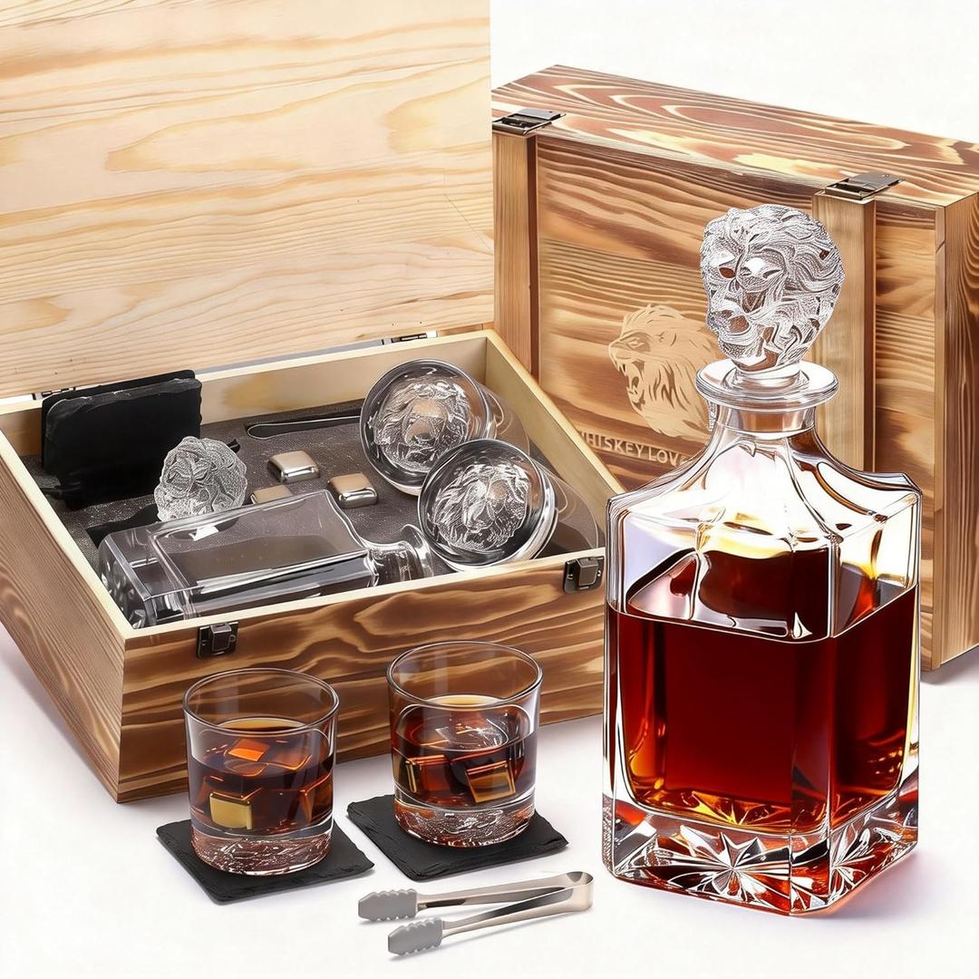 Lion Head Whiskey Decanter Set by Luskeycor  Whiskey Gift Set - 24oz 750 ml with GlassesWhiskey Stones, Coasters and Tong  Whiskey Gifts for Men, Husband, Dad, BoyfriendChristmas