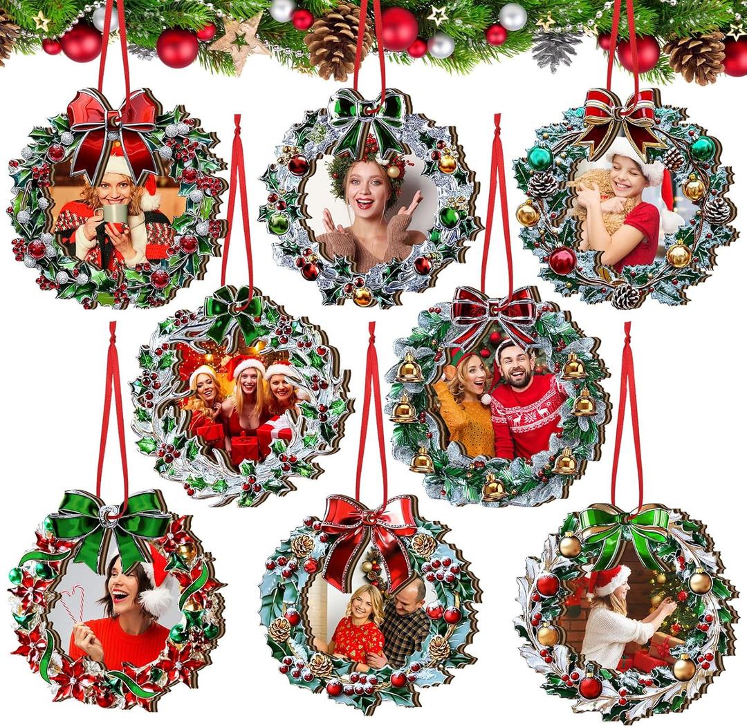 16 Pcs Christmas Photo Frame Ornaments Wooden Nutcrackers Santa Snowman Snowflake Picture Frame Tree Decoration DIY Photo Keepsakes for Xmas Party Decorations Winter Holiday Gift (Wreath)