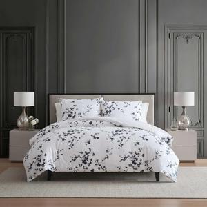 Vera Wang - Queen Size Duvet Cover Set, 100% Soft & Smooth Cotton Sateen Floral Bedding, 3-Piece Reversible Bed Set with Matching Pillowcases (Noir Bouquet/Ikat Line Grey)