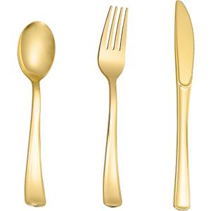 N9R 200pcs Gold Plastic Silverware - Disposable Gold Plastic Silverware Cutlery Set, 100 Forks, 50 Spoons, 50 Knives for Party, Birthday, Wedding (Gold-200pcs)