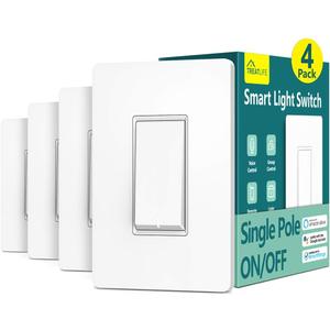 TREATLIFE Smart Light Switch Single Pole Works with Alexa, Google Home and SmartThings, 2.4GHz WiFi Timer Smart Switch, Neutral Wire Required, No Hub Required, FCC Listed, 4 Pack