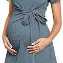 2024 Women's Summer Maternity Dress Ribbed Short Sleeve Knot Front Pregnancy Flowy Dresses Baby Shower Casual, Size: Large