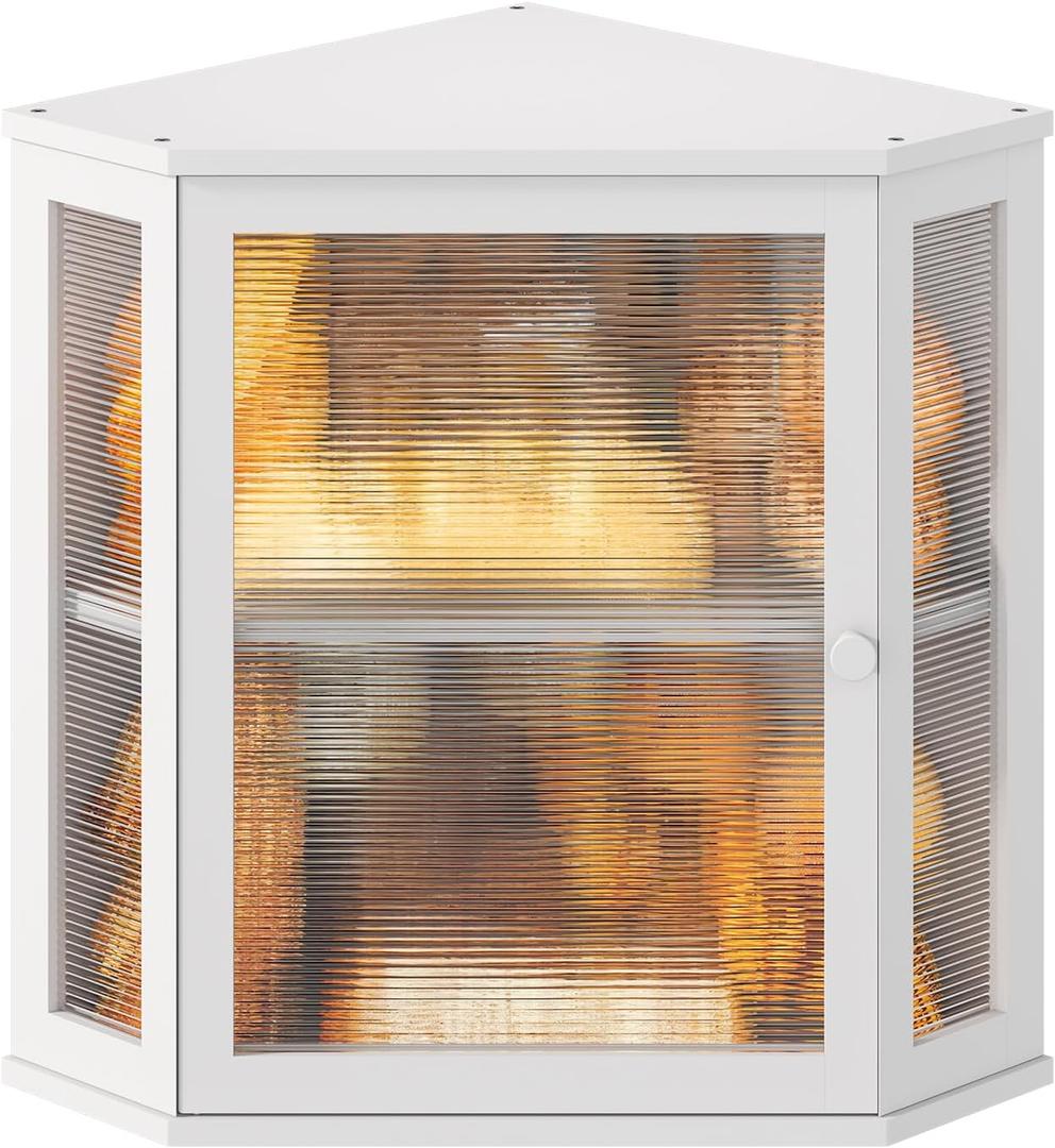 Corner Bread Box for Kitchen Countertop, Farmhouse Style with Acrylic Wavy Door Panel White Counter Bread boxes, Extra Large Food Storage Container