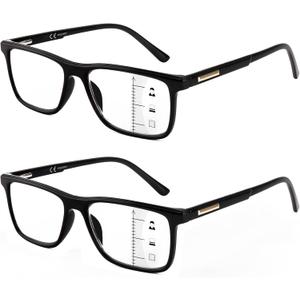 Missfive 2 Pack Multifocus Progressive Reading Glasses - Blue Light Blocking Anti UV/Eye Strain, Multifocal Computer Readers Spring Hinge No Line_for Mid-Near Range approx 3ft Vision, 2.0 (Classic Style, Lens Top is Not 0 / 2 Glossy Black)