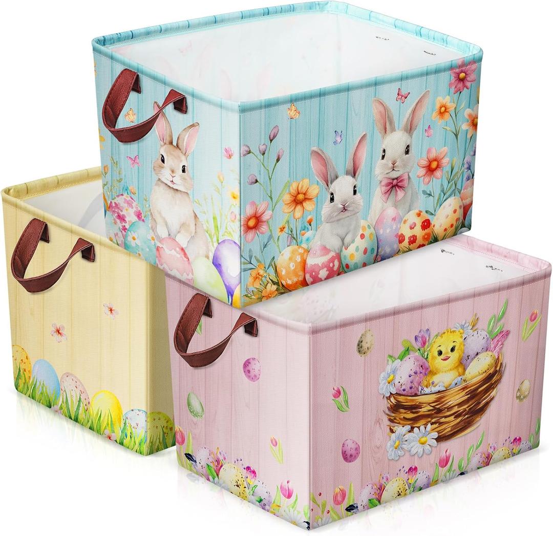 Geelin 3 Pcs Large Easter Baskets 15 x 11 x 9.5 Inch Empty Easter Storage Bin with Handles Collapsible Bunny Rabbit Eggs Waterproof Extra Big Foldable Gift Basket for Cloth Toy Gift(Cute)