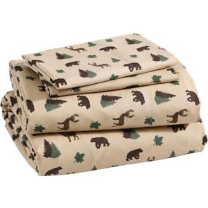 Beatrice Home Fashions Cozy Cabin 4-Piece Queen Microfiber Bedding Sheet Set with Deep Pockets Rustic Patchwork Plaid Deer, Brown Tan Green