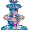 For Stitch Themed Party Supplies and Decorations, a Three-Tiered Cupcake Stand, a Display Stand for Birthday Desserts and Cakes, which is Suitable for Cute-Style Birthday Decorations.