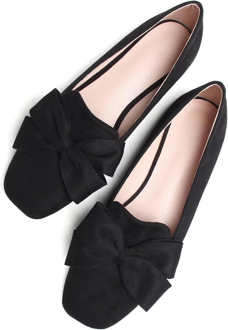 SAILING LU Women's Faux Suede Square Toe Ballet Flats Bowknot Shoes Women Dressy Comfortable Slip-On Loafers Ballerina Flats (Black, M) 41