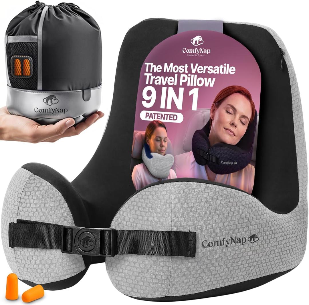ComfyNap Versatile Travel Neck Pillow for Airplane [Patented], 9 Positions in 3 Techniques, Plane Pillow with Pure Memory Foam, Travel Pillow with HeadRest Flight Sleep, Travel Essential - Moon