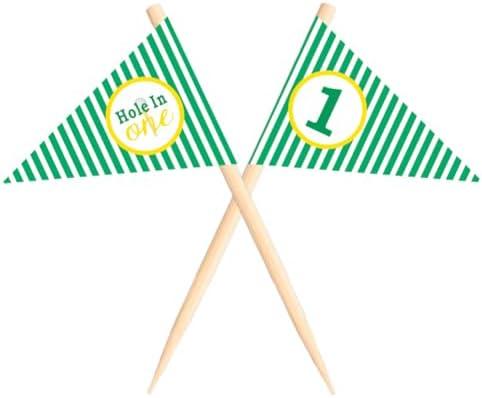 VOWFOO Golf Themed Toothpick Flags, 20 PCS Hole In One 1st Birthday Golf Cocktail Picks Mini Stick Cupcake Toppers Flags for Baby 1st Birthday Party Food Bar Decorations (Stripe Hole In 1) Pack of 2