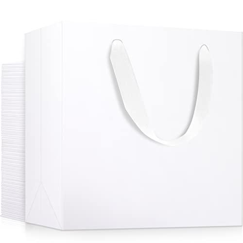 EUSOAR Large Gift Wrap Bags in Bulk, 50 Pack 8x11 inches White Paper Bags with Handles, Heavy Duty Totes for Wedding, Grocery, Boutique, Retail, Business, Party Favors, Baby Showers, Birthdays