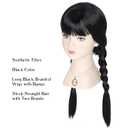 Long Straight Black Braids Wig with Bangs Pigtails Wig with Necklace Halloween Party Costume Wig