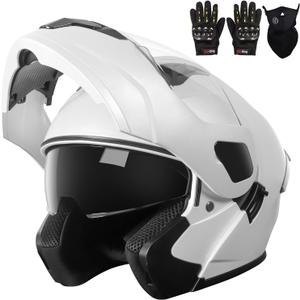 Adult Modular Motorcycle Helmets, DOT Approved Flip up Dual Visor Full Face Helmet for Men Women Moto ATV UTV Snowmobile ADV Four Wheeler Street Bike with Gloves & Mask (White, XL)