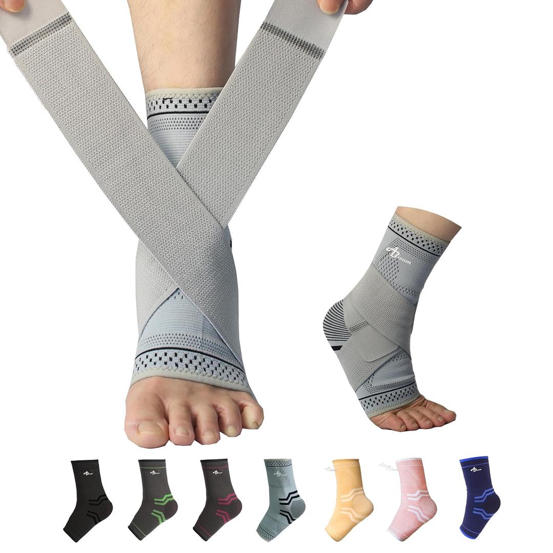 ABIRAM Ankle Brace, Ankle Compression Sleeve for Sprained Foot, Foot Sleeve (1 Pair) with Wrap, Ankle Support, Plantar Fasciitis Relief Socks, Achilles Tendonitis, Women & Men (Large, Gray)