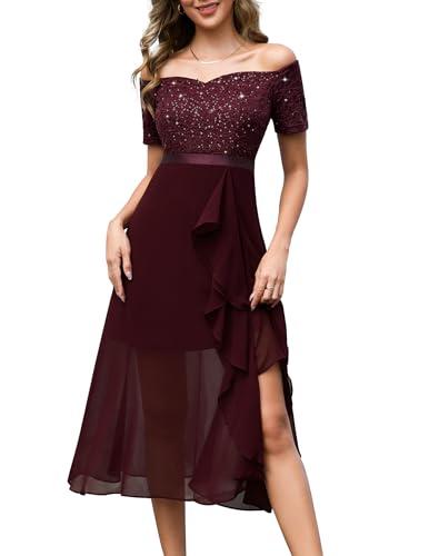 BeryLove Formal Sequin Prom Off Shoulder Dresses Cocktail Wedding Guest Long Evening Lace Chiffon Ruffle Dress 7085 Burgundy XL