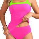 Womens Two Piece Tankini Swimsuit Tummy Control Bathing Suits Slim Halter Swimwear with High Waisted Bottom (X-Large, Pink and Green)