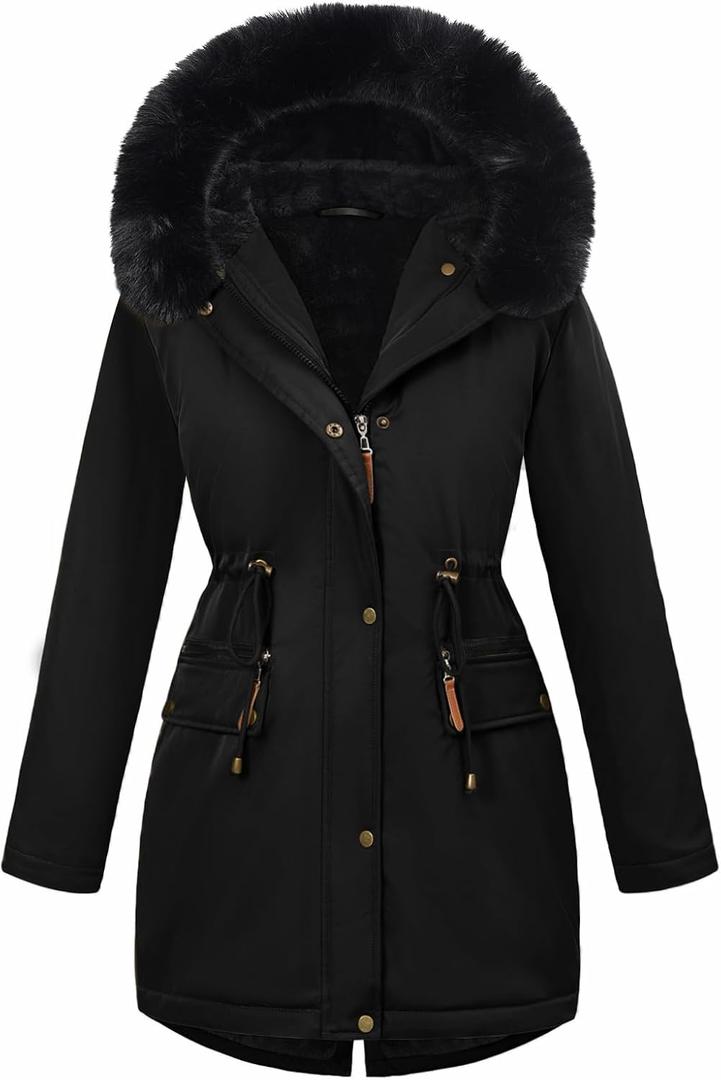 Women's Winter Warm Parka Jacket Fleece Lined Drawstring Thicken Coat Windproof Hooded Sherpa Outerwear (X-Large, Black)