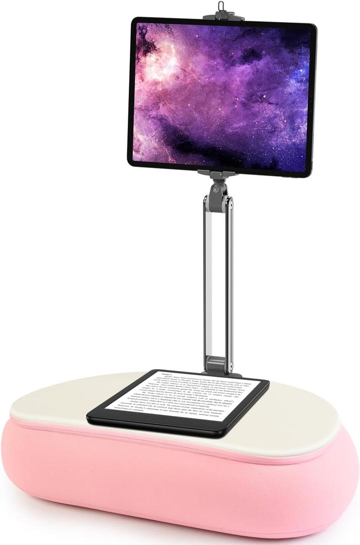 elitehood 18 inch Kindle Stand for Reading in Bed, Adjustable Tablet Pillow for Lap, Soft Kindle Pillow Stand for Bed Compatible with 6-13 inch Cell Phone, iPhone, iPad Pro Air Mini, Tablets, Pink (18in Viewing Height)