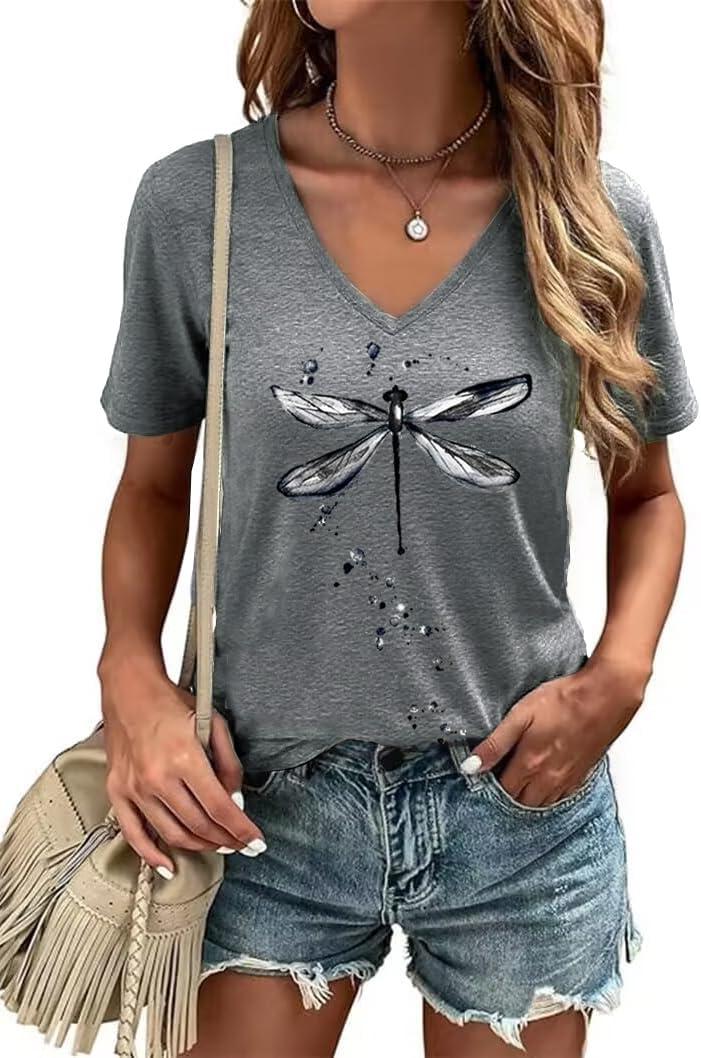 Women's T-Shirt V-Neck Graphic Tees Vintage Boho Flowers Shirt Summer Casual Plant Short Sleeve Tshirt Tops (Large, Gray1)