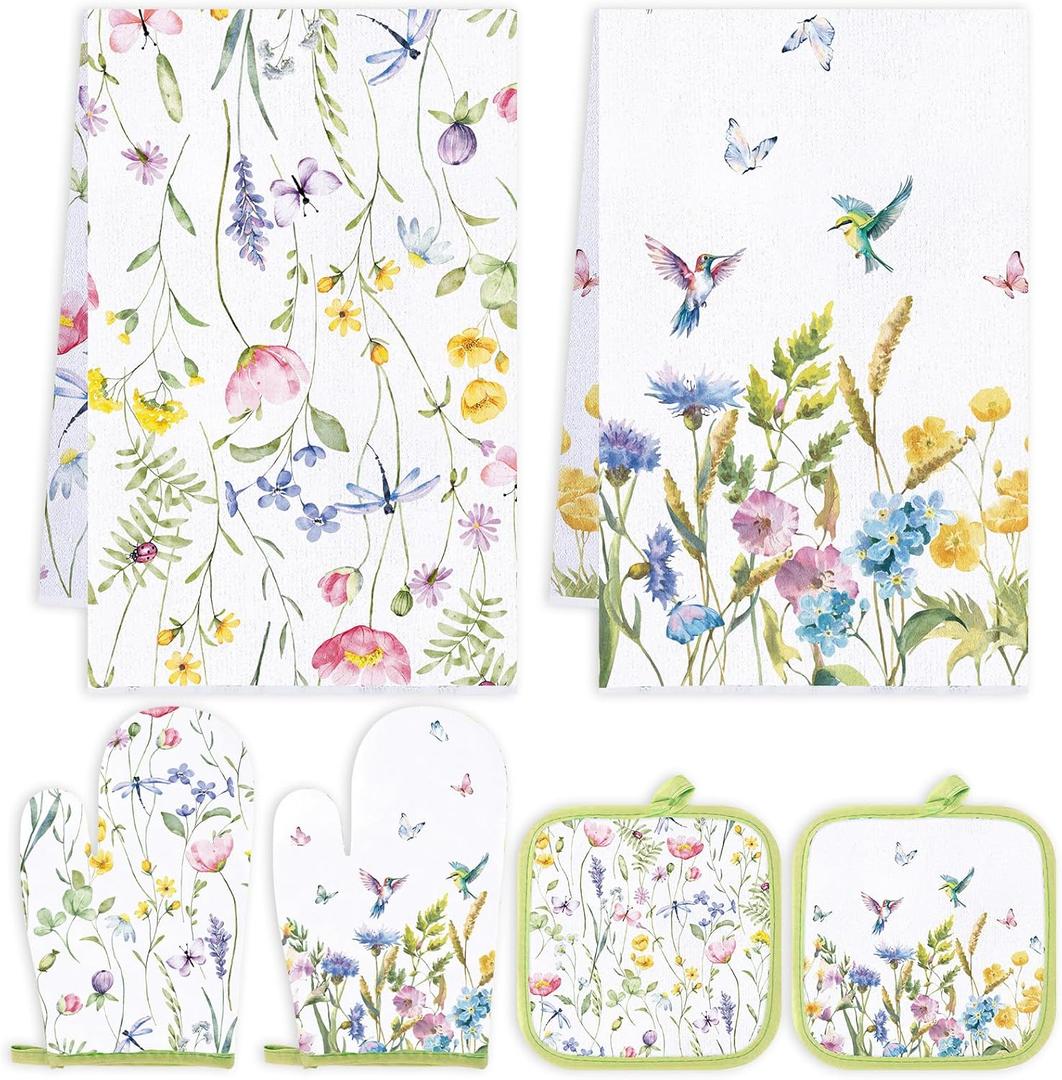 Qinyoung 6 Pcs Spring Floral Kitchen Towels Pot Holders and Oven Mitts Set Flowers Farmhouse Absorbent Dish Towels Heat Resistant Pot Holders and Oven Mitts for Cooking Baking