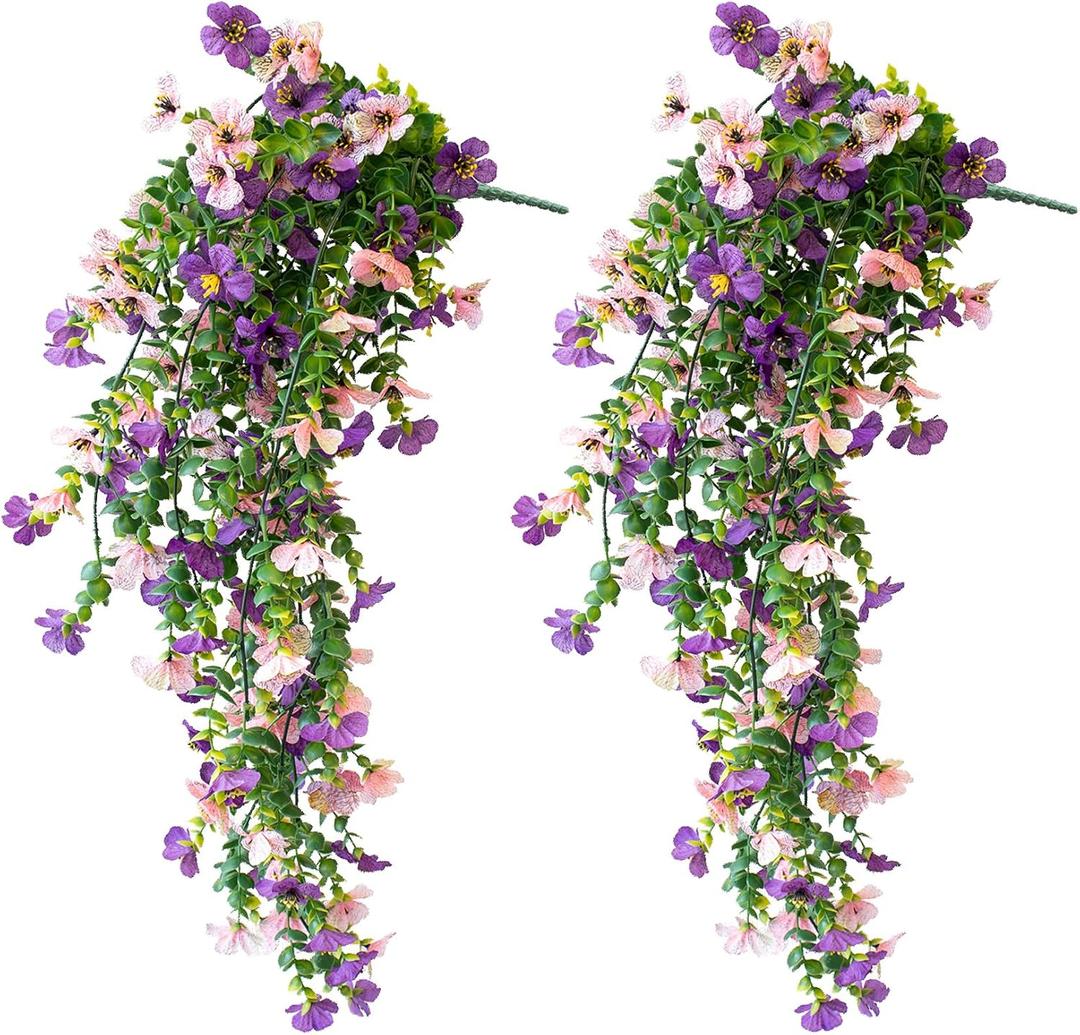 Artificial Hanging Flowers for Outdoors, 2 Pcs UV Resistant Artificial Outdoor Flowers, Not-Fading Fake Hanging Plant for Outdoor Planters for Home Garden Porch Yard Decor,Purple Pink