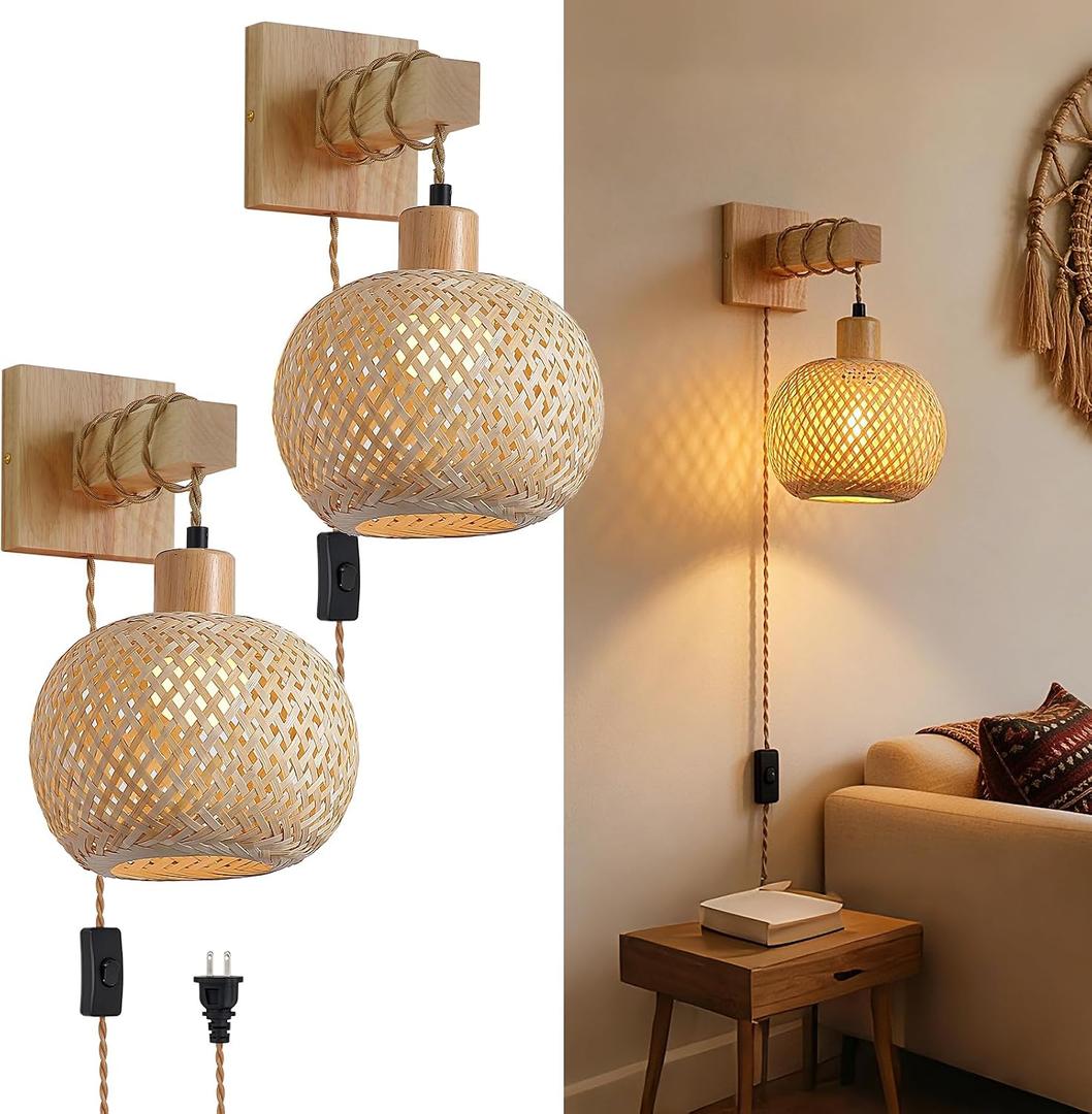Woven Rattan Plug in Wall Sconce, 15 RGB Dimmable Boho Light, Wood