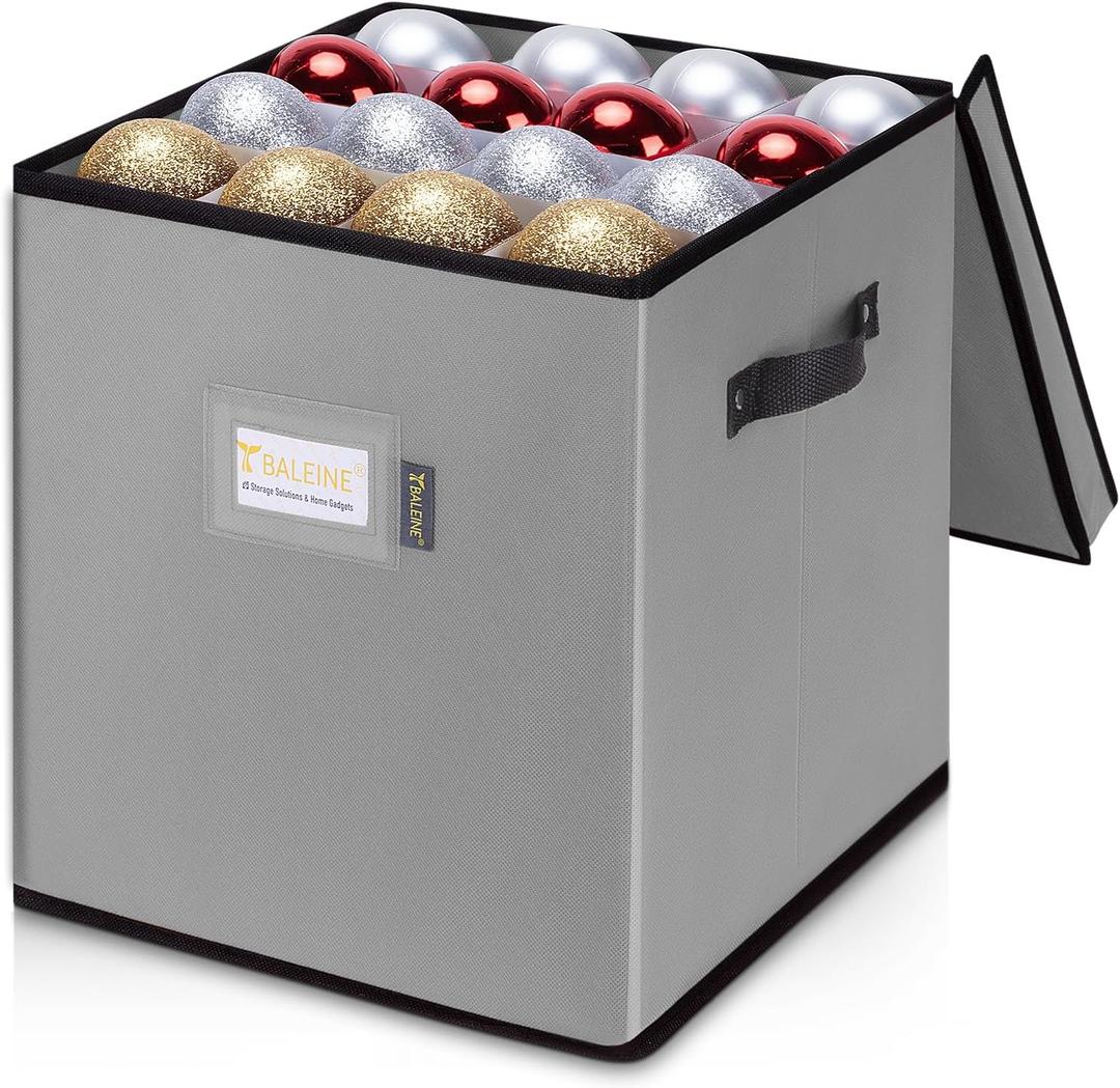 BALEINE Christmas Ornament Storage Box with Dividers, Premium Holiday Ornaments Storage Container Bin for Xmas Decorations (64 Ball, Grey, Without Tray)