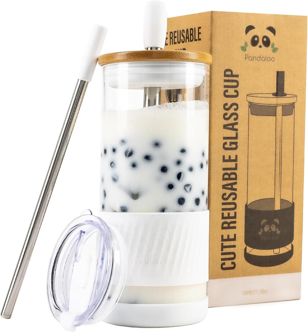 Pandaloo Glass Cups With Lids and Straws -20 Fl Oz- Perfect Size Iced Coffee Cup - Smoothie Cup With Bamboo Lid and On the go Lid - Glass Tumbler With Straw (1 Count (Pack of 1), Coton White)