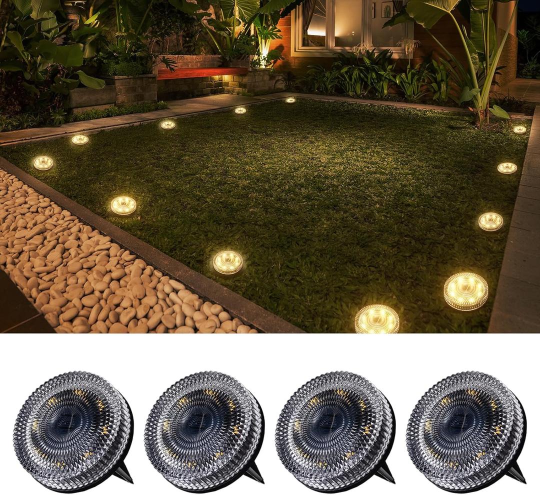 Glass Solar Ground Lights with Crystal Style, Modular-Design Waterproof In-Ground Light for Patio Pathway Lawn Yard Deck Walkway, Decorative Disk Lighting for Garden Bed, Warm White (4 Pack)