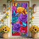 Spring Welcome Door Cover Decoration, 70.87" x 35.43" Door Banners for Front Door, Indoor and Outdoor Party Decoration, Hanging Doorway Decor for Home Entrance (rose bouquet)